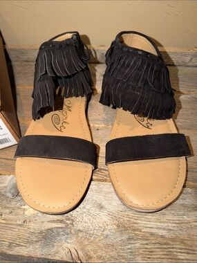 naughty monkey Black Fringe Open-Toe Sandals with Tan Footbed